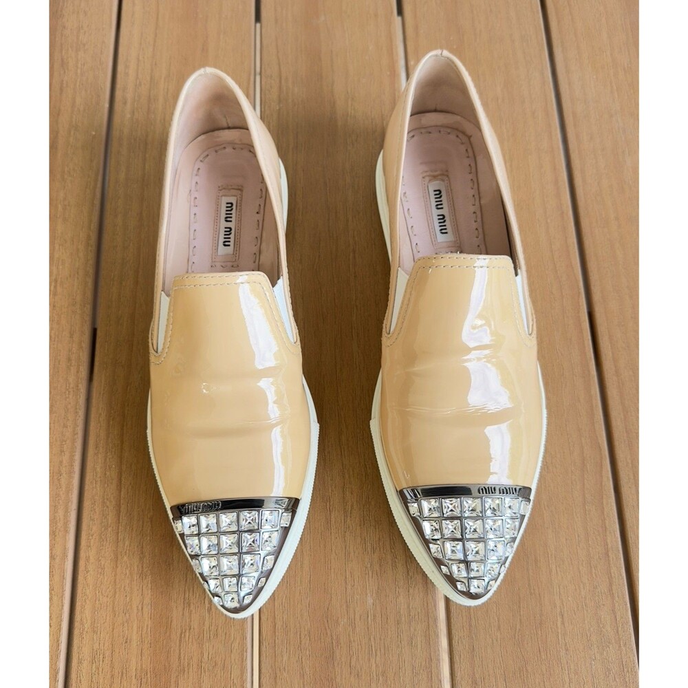 Miu Miu Crystal Toe Patent Leather Slip On Sneakers Women 38 Beige Nude Italy